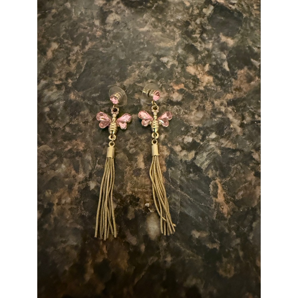 Gold Tone Pink Rhinestone Butterfly Tassel Drop Earrings Whimsical Statement